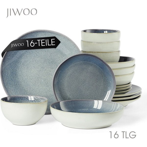 JIWOO Geschirr-Set 16er Kombiservice Teller-Set Tafelservice Schüssel-Set Speiseteller (16-tlg), 4 Personen, Keramik, Hochwertiges Geschirr set Blau Mikrowellen
