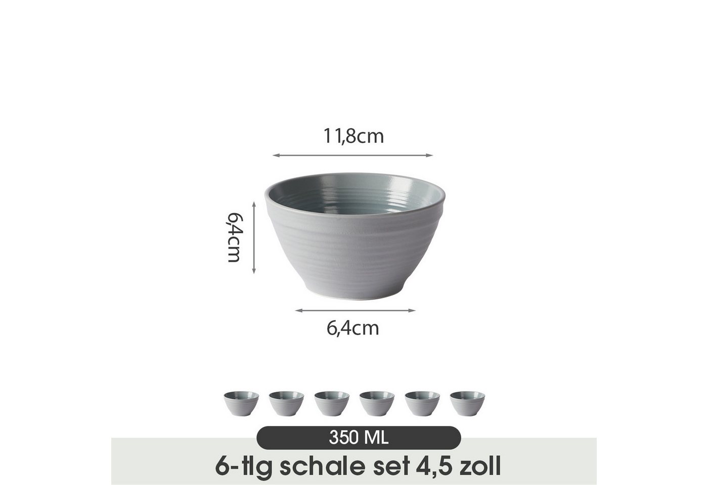 JIWOO Müslischale 6er Ø11,8cm, Frühstückschalen Eisschale Dessertschalen Schale, Keramik, (Schaleset, 6-tlg), Porzellan Hochwertiges Schalen Grau Mikrowellenofe – Bild 2 von 5