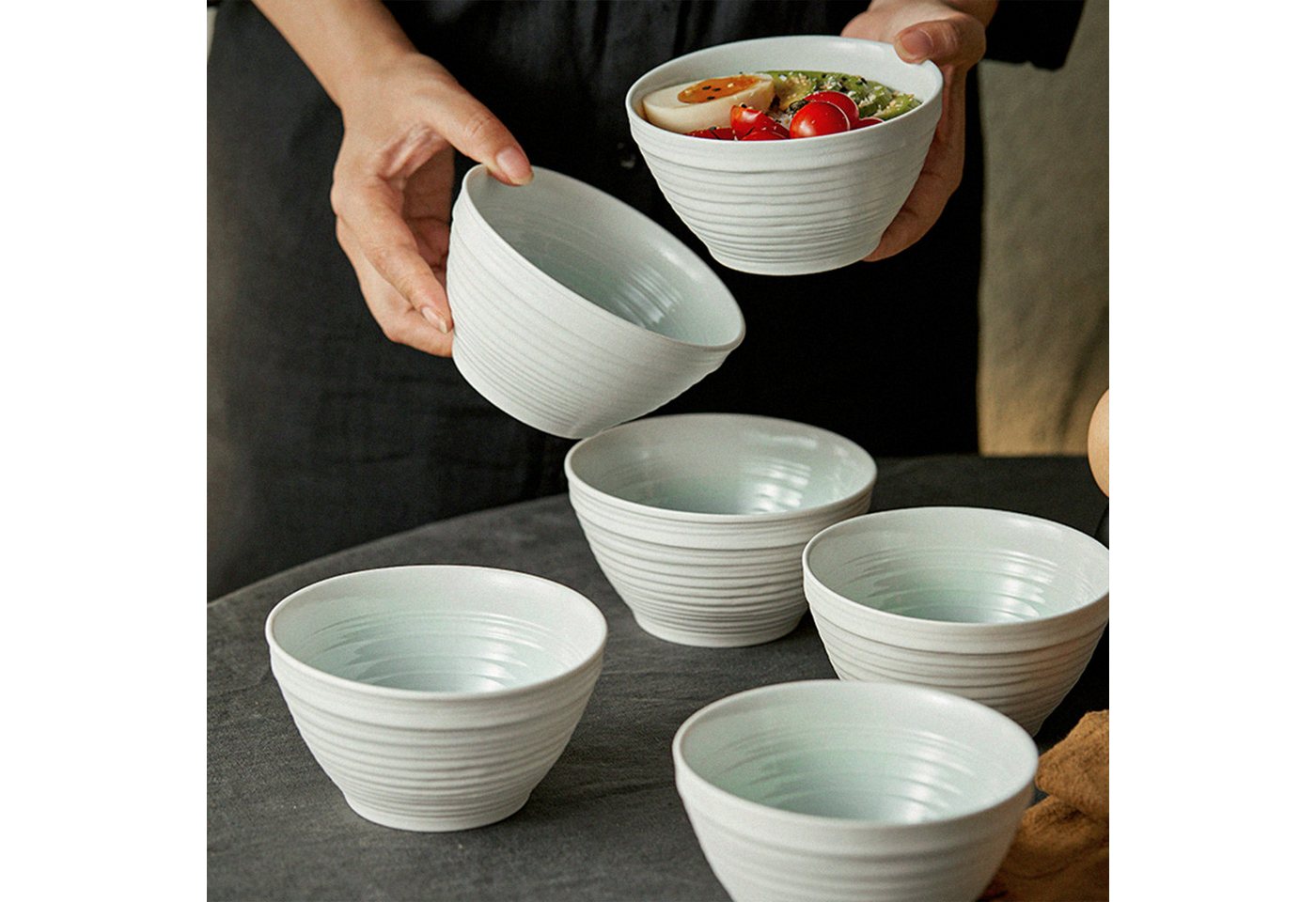 JIWOO Müslischale 6er Ø11,8cm, Frühstückschalen Eisschale Dessertschalen Schale, Keramik, (Set, 48-tlg), Porzellan Hochwertiges Schalen Cyan Mikrowellenofen Spü – Bild 3 von 5