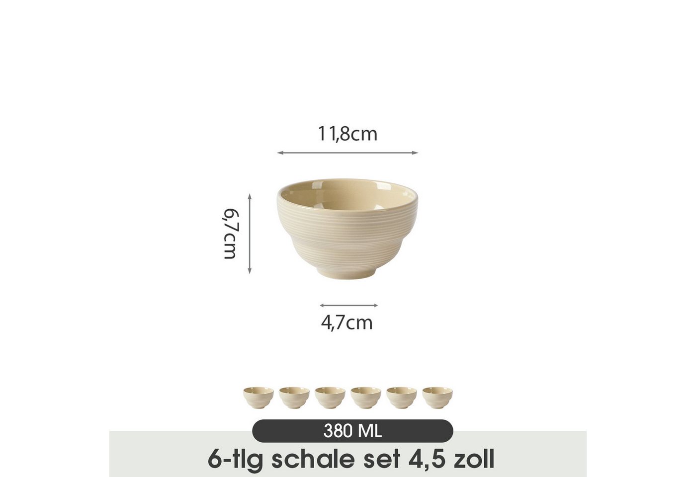 JIWOO Müslischale 6er Ø11,8cm, Dessertschale Eisschale Suppenschale Snackschale Schale, Keramik, (Schaleset, 6-tlg), Hochwertiges Schalen Braun Mikrowellenofen  – Bild 2 von 5