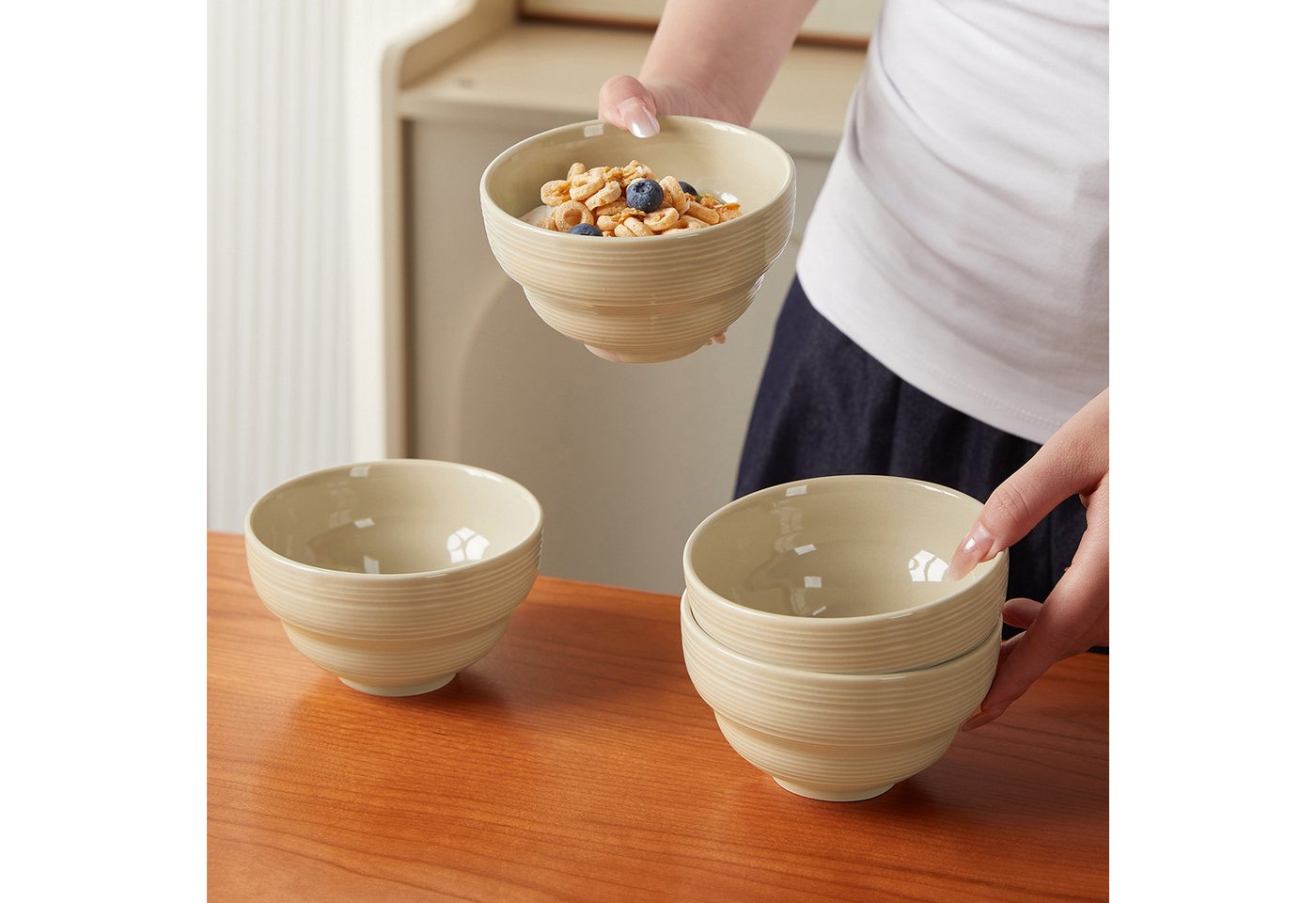 JIWOO Müslischale 6er Ø11,8cm, Dessertschale Eisschale Suppenschale Snackschale Schale, Keramik, (Schaleset, 6-tlg), Hochwertiges Schalen Braun Mikrowellenofen  – Bild 4 von 5