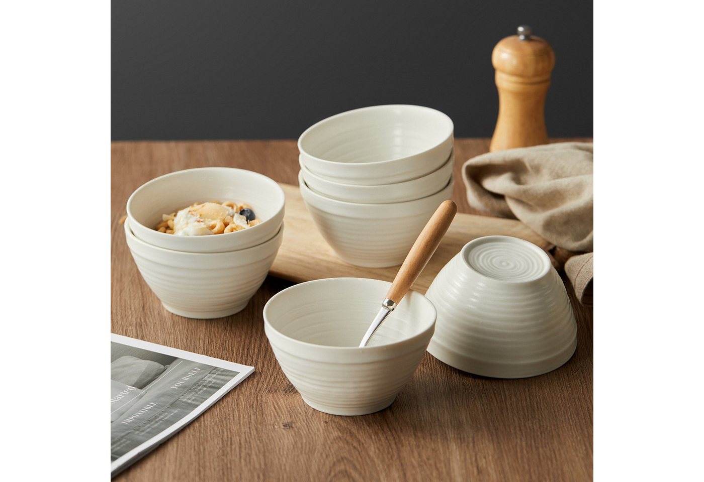 JIWOO Müslischale 6er Ø11,8cm, Frühstückschalen Eisschale Dessertschalen Schale, Keramik, (Schaleset, 6-tlg), Porzellan Hochwertiges Schalen Weiß Mikrowellenofe – Bild 5 von 5