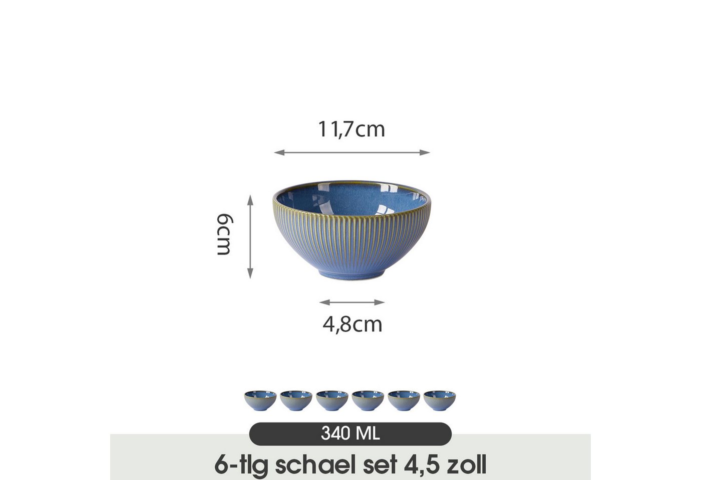 JIWOO Müslischale 6er Ø11,7cm, Frühstückschalen Eisschale Dessertschalen Obstschale, Keramik, (Schaleset, 6-tlg), Bowl, Hochwertiges Schalen Blau Schale Mikrowe – Bild 2 von 5