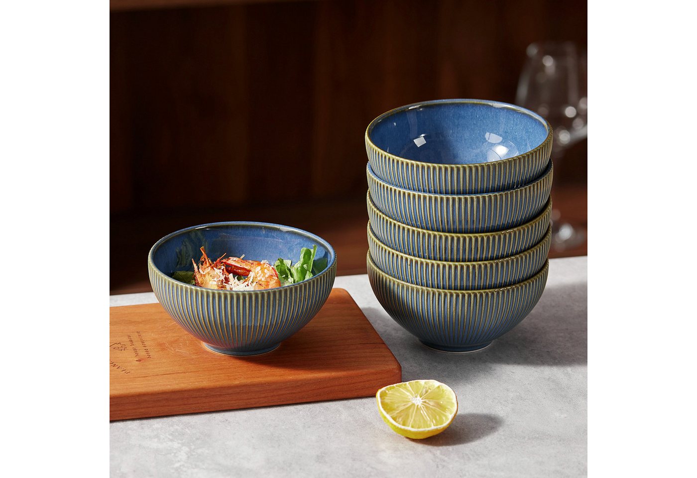 JIWOO Müslischale 6er Ø11,7cm, Frühstückschalen Eisschale Dessertschalen Obstschale, Keramik, (Schaleset, 6-tlg), Bowl, Hochwertiges Schalen Blau Schale Mikrowe – Bild 3 von 5
