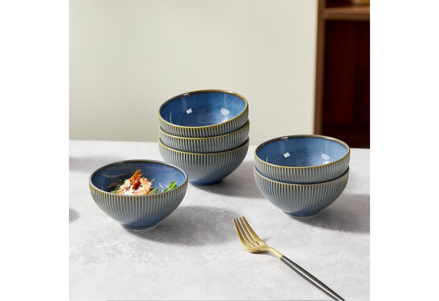 JIWOO Müslischale 6er Ø11,7cm, Frühstückschalen Eisschale Dessertschalen Obstschale, Keramik, (Schaleset, 6-tlg), Bowl, Hochwertiges Schalen Blau Schale Mikrowe – Bild 4 von 5