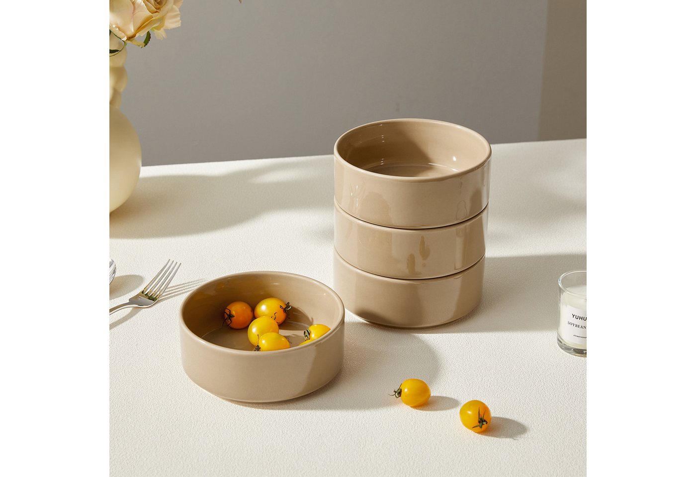JIWOO Salatschüssel 4er Ø13,5cm, Müslischüssel Suppenschüssel Dessertschale Obstschale, Keramik, (Schüsselset, 4-tlg), Bowl Hochwertige Schüsseln Braun Schüssel – Bild 3 von 5