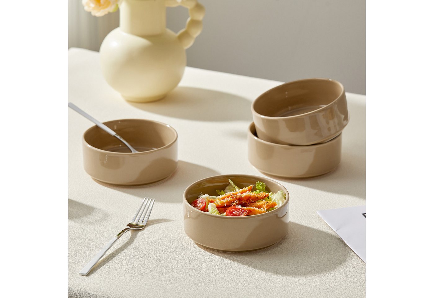 JIWOO Salatschüssel 4er Ø13,5cm, Müslischüssel Suppenschüssel Dessertschale Obstschale, Keramik, (Schüsselset, 4-tlg), Bowl Hochwertige Schüsseln Braun Schüssel – Bild 5 von 5