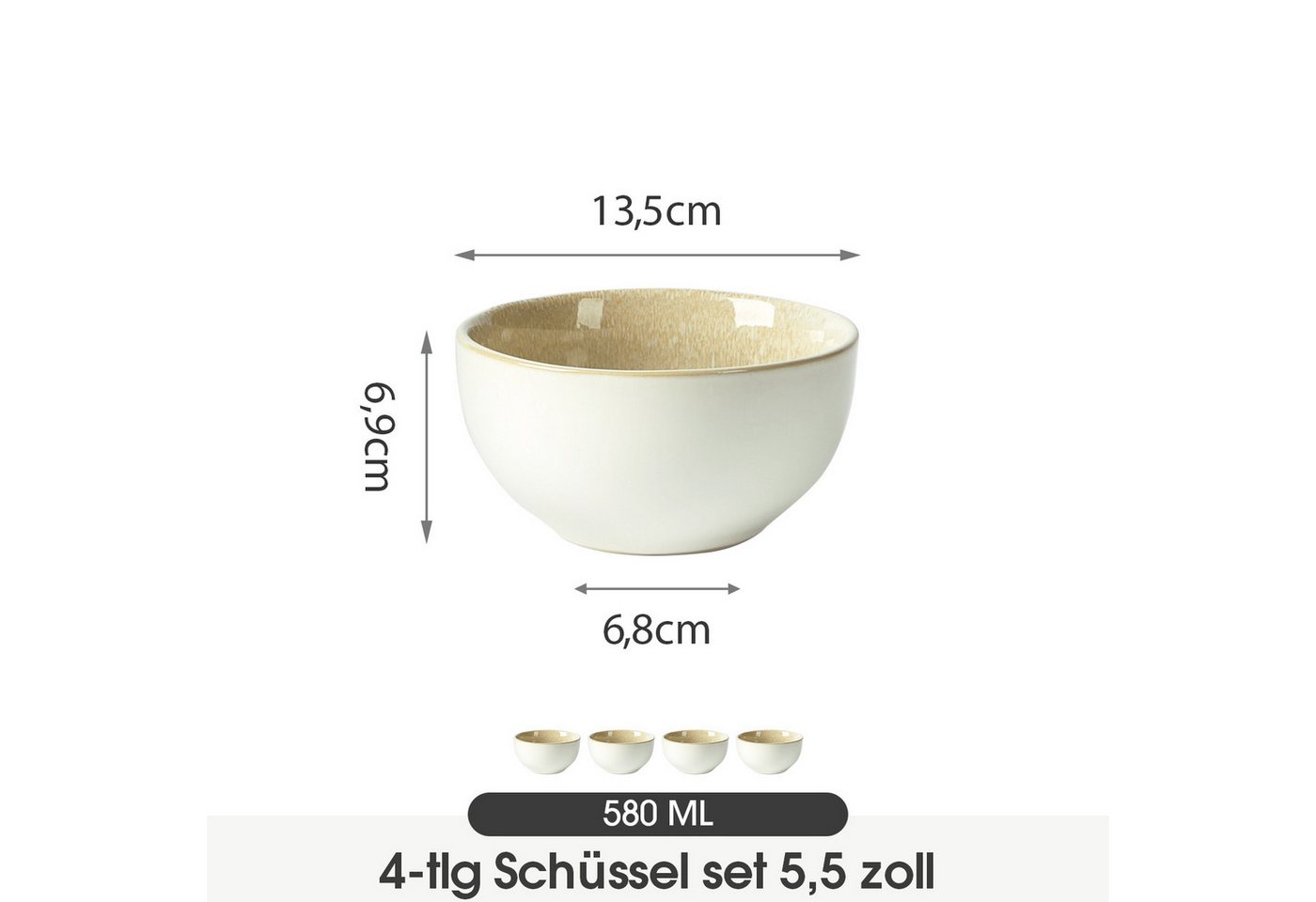 JIWOO Salatschüssel 4er Ø13.5cm, Müslischüssel Suppenschüssel Dessertschale Obstschale, Keramik, (Schüsselset, 4-tlg), Hochwertiges Schüsseln Braun Mikrowellen  – Bild 2 von 5