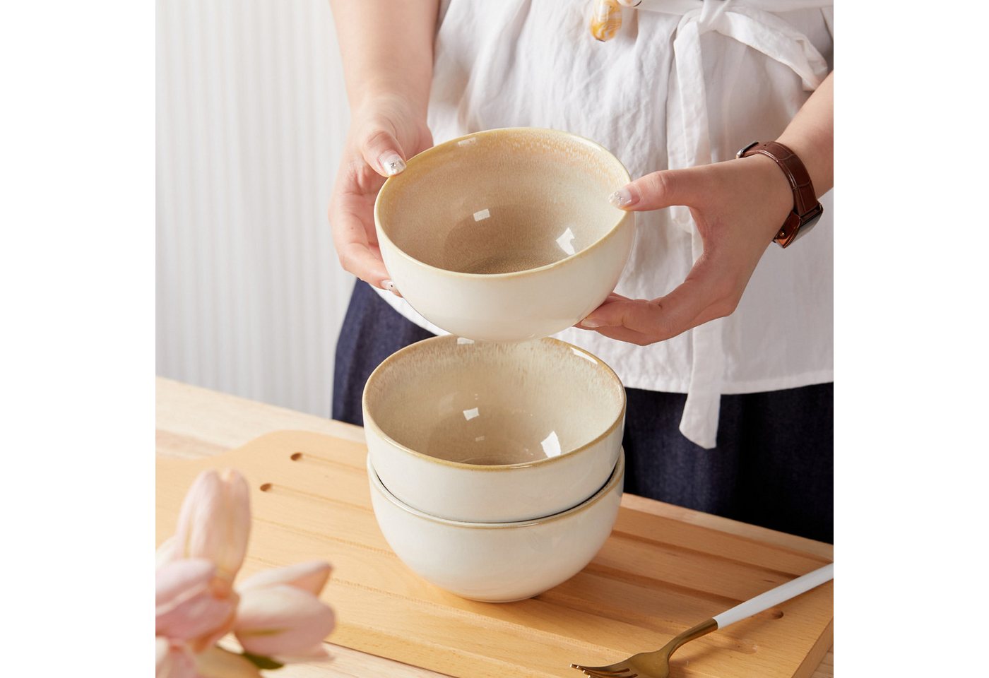 JIWOO Salatschüssel 4er Ø13.5cm, Müslischüssel Suppenschüssel Dessertschale Obstschale, Keramik, (Schüsselset, 4-tlg), Hochwertiges Schüsseln Braun Mikrowellen  – Bild 5 von 5
