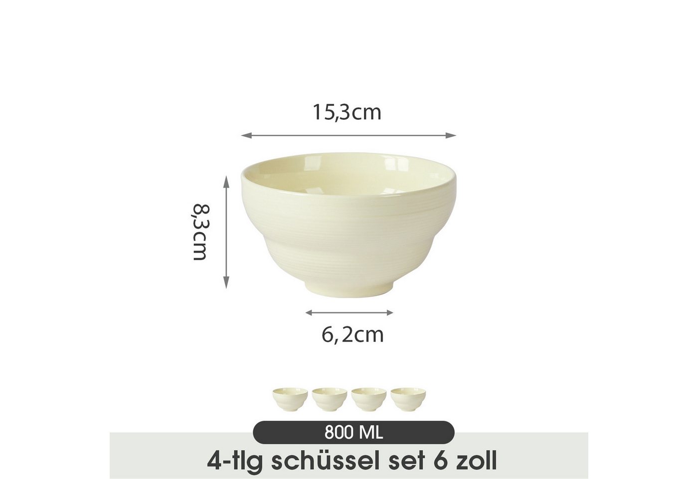 JIWOO Salatschüssel 4er Ø15,3 cm, Müslischüssel Suppenschüssel Dessertschale Obstschale, Keramik, (Schüsselset, 4-tlg), Bowl Hochwertiges Schüsseln Beige Mikrow – Bild 2 von 5