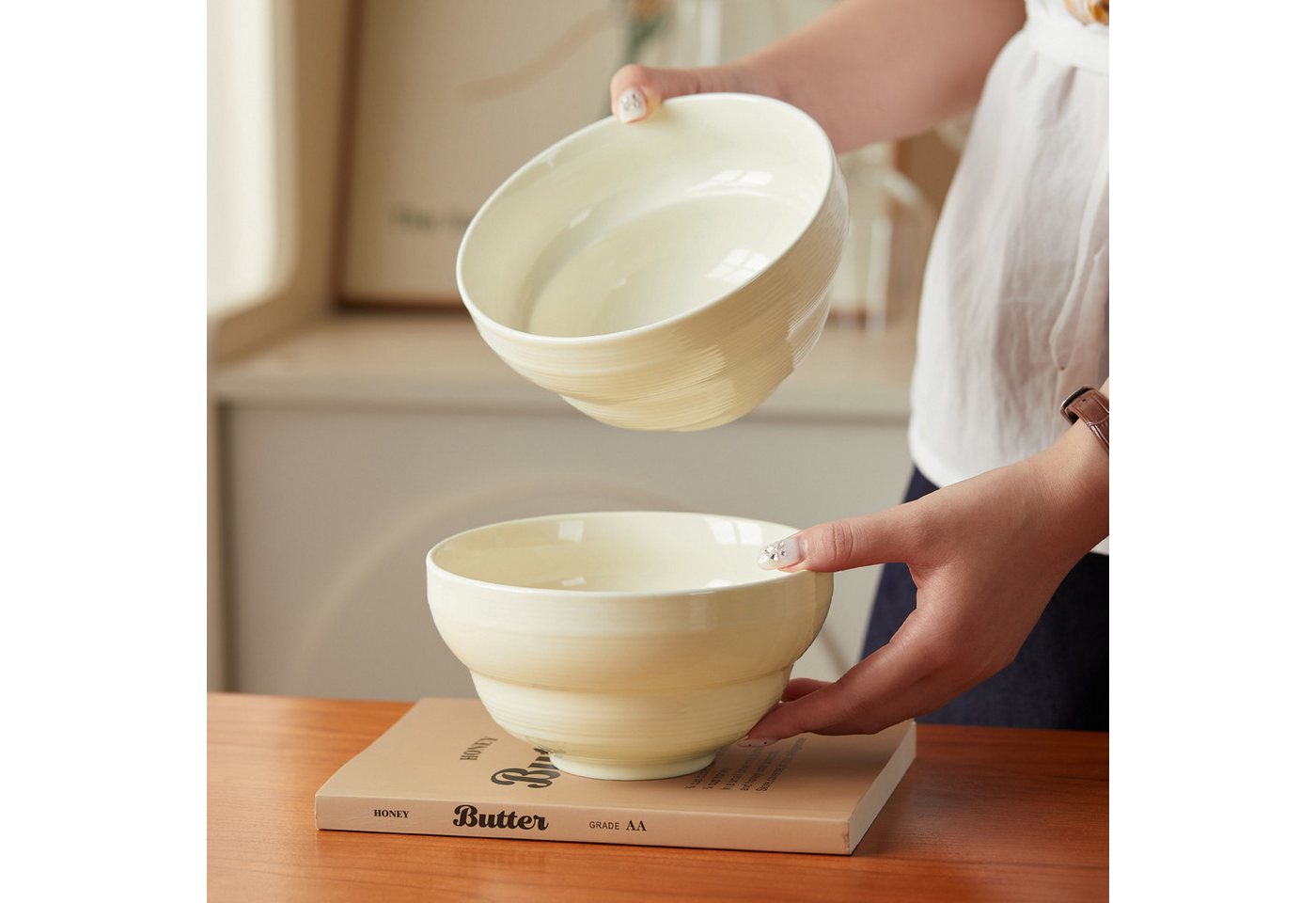 JIWOO Salatschüssel 4er Ø15,3 cm, Müslischüssel Suppenschüssel Dessertschale Obstschale, Keramik, (Schüsselset, 4-tlg), Bowl Hochwertiges Schüsseln Beige Mikrow – Bild 4 von 5