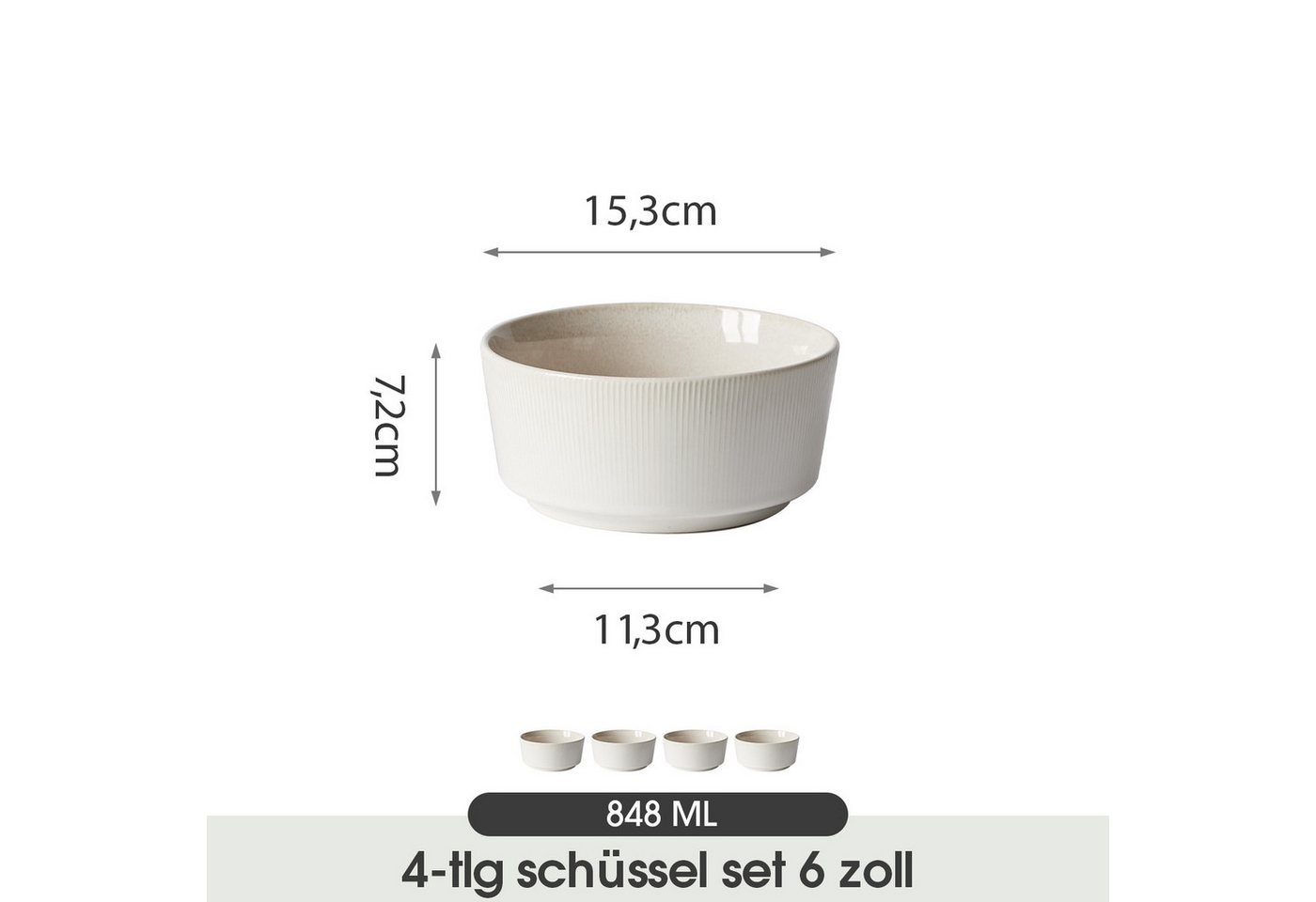 JIWOO Salatschüssel 4er Ø15,3cm, Müslischüssel Suppenschüssel Suppenschale Dessertschale, Keramik, (Set, 4-tlg), Schüssel Hochwertiges Schüsseln Weiß Mikrowelle – Bild 2 von 5