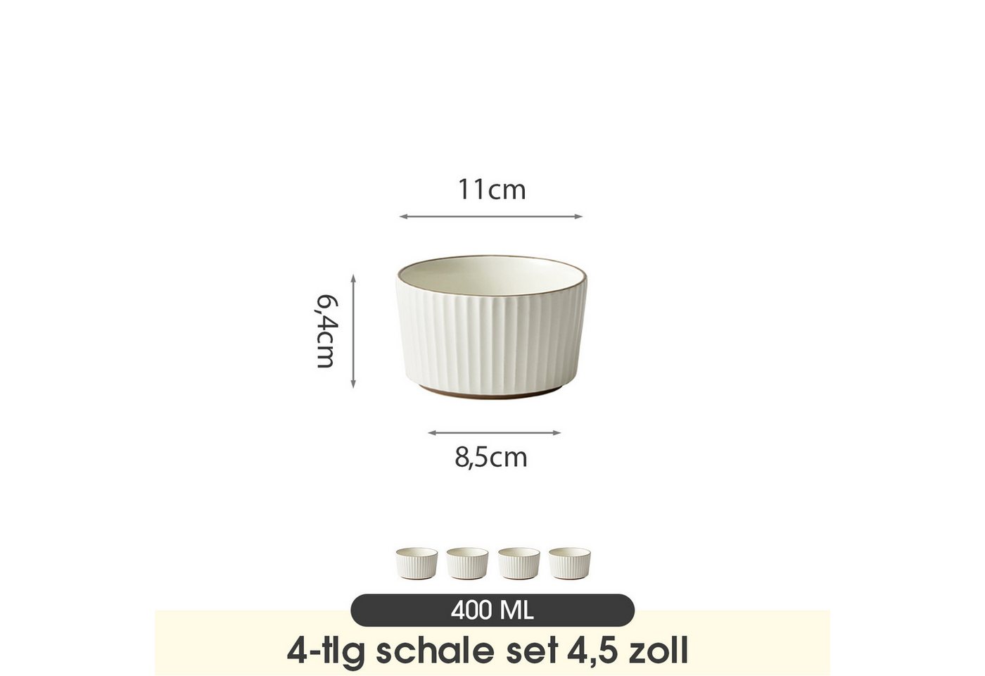 JIWOO Schale 4er Ø11cm,Müslischale Eisschale Dessertschale Obstschale Snackschale, Keramik, (Schaleset, 4-tlg), Hochwertiges Schalen Beige Mikrowellenofen Spülm – Bild 2 von 5
