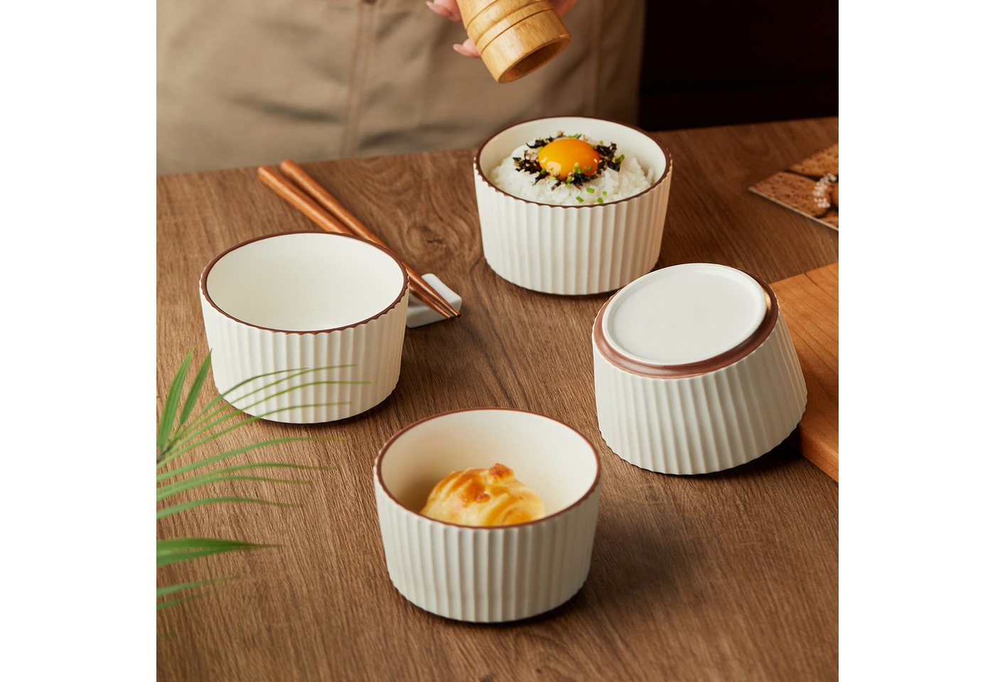 JIWOO Schale 4er Ø11cm,Müslischale Eisschale Dessertschale Obstschale Snackschale, Keramik, (Schaleset, 4-tlg), Hochwertiges Schalen Beige Mikrowellenofen Spülm – Bild 4 von 5