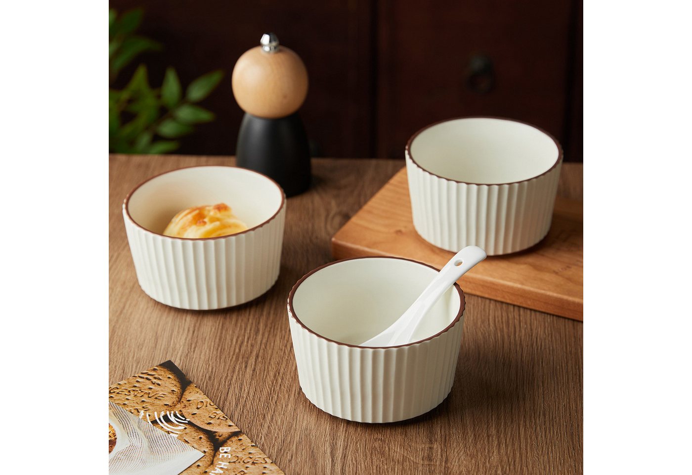 JIWOO Schale 4er Ø11cm,Müslischale Eisschale Dessertschale Obstschale Snackschale, Keramik, (Schaleset, 4-tlg), Hochwertiges Schalen Beige Mikrowellenofen Spülm – Bild 5 von 5