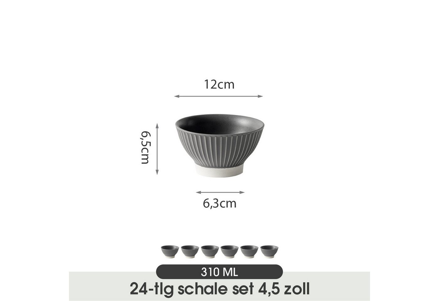 JIWOO Schale 6er Ø12cm, Müslischale Eisschale FrühstückSchale Dessertschale, Keramik, (Set, 24-tlg), Ø12 cm Hochwertiges Matt Schalen Grau Mikrowellenofen Spülm – Bild 2 von 5