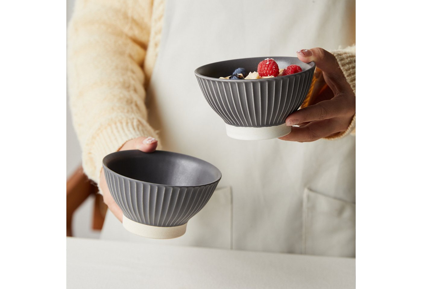 JIWOO Schale 6er Ø12cm, Müslischale Eisschale FrühstückSchale Dessertschale, Keramik, (Set, 24-tlg), Ø12 cm Hochwertiges Matt Schalen Grau Mikrowellenofen Spülm – Bild 4 von 5
