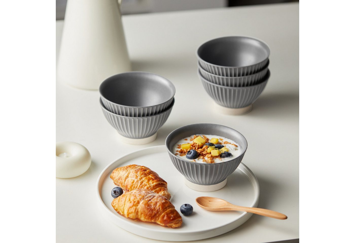 JIWOO Schale 6er Ø12cm, Müslischale Eisschale FrühstückSchale Dessertschale, Keramik, (Set, 24-tlg), Ø12 cm Hochwertiges Matt Schalen Grau Mikrowellenofen Spülm – Bild 5 von 5
