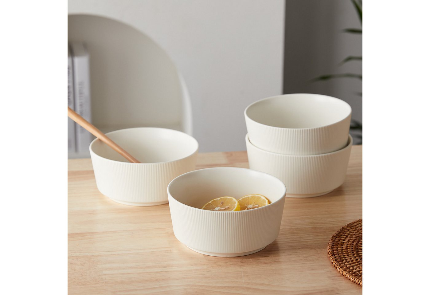 JIWOO Schüssel 4er Ø15,2cm, Müslischüssel Suppenschüssel Salatschüssel Dessertschale, Keramik, (Set, 32-tlg), Hochwertiges Schüsseln Weiß Mikrowellen spülmaschi – Bild 3 von 5