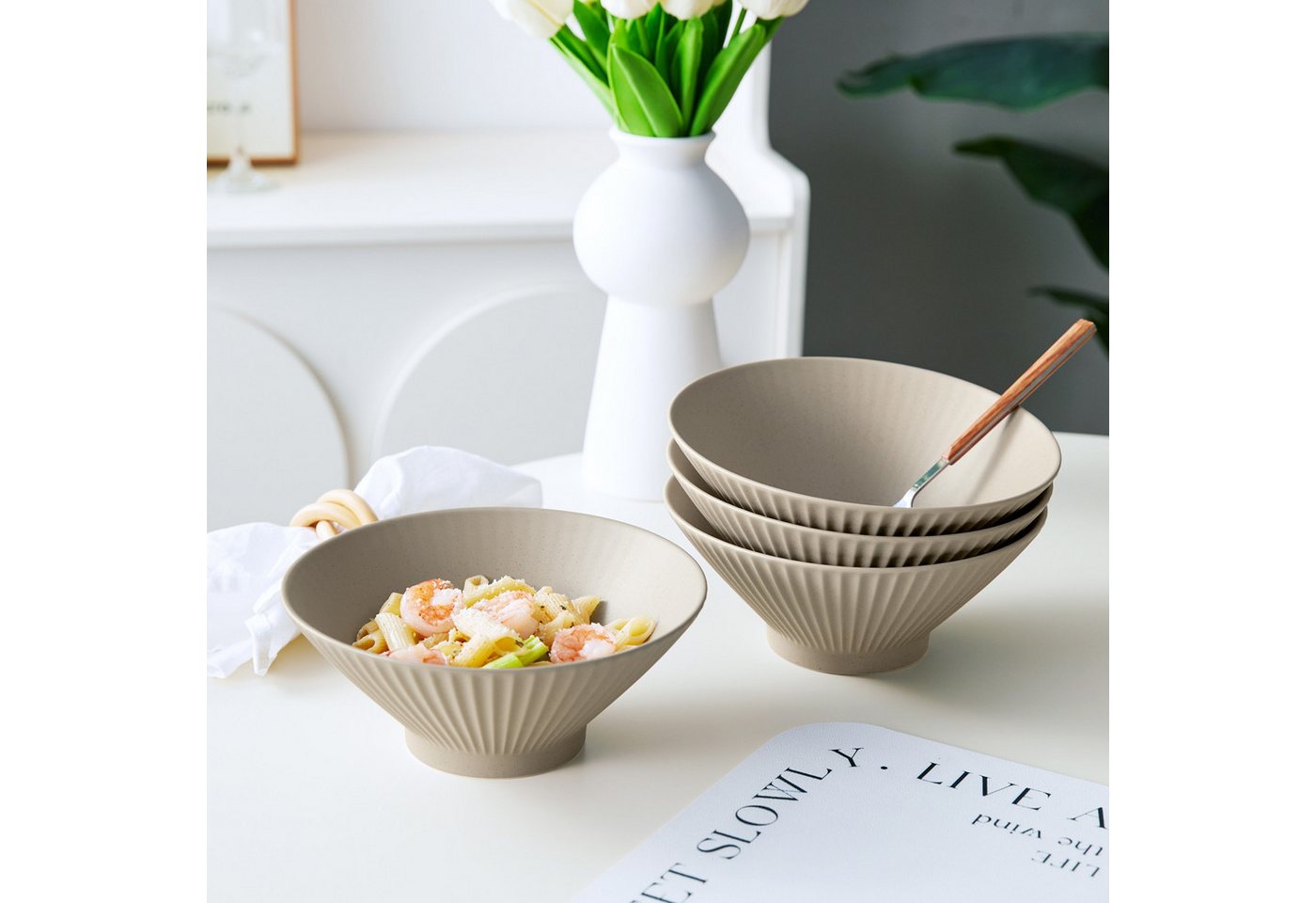 JIWOO Schüssel 4er Ø20cm, Japanische Ramenschüssel Suppenschüssel bowl Pastaschüssel, Keramik, (Schüsselset, 4-tlg), Bowl Hochwertige Schüsseln Braun Schüssel M – Bild 4 von 5