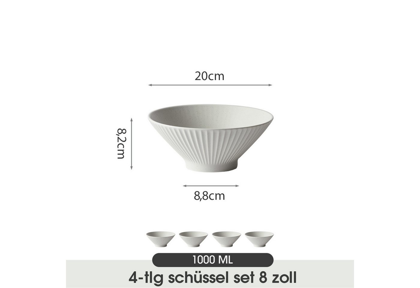 JIWOO Schüssel 4er Ø20cm, Japanische Ramenschüssel Suppenschüssel bowl Pastaschüssel, Keramik, (Schüsselset, 4-tlg), Bowl Hochwertiges Schüsseln Grau Schüssel M – Bild 2 von 5