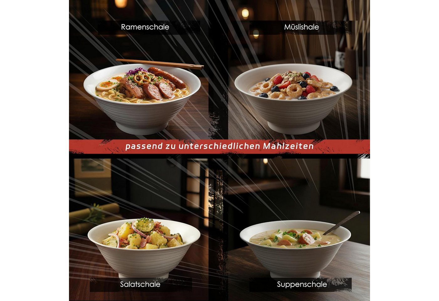 JIWOO Schüssel 4er Ø20cm, Japanische Ramenschüssel Suppenschüssel bowl Pastaschüssel, Keramik, (Schüsselset, 4-tlg), Bowl Hochwertiges Schüsseln Weiß Schüssel M – Bild 5 von 5