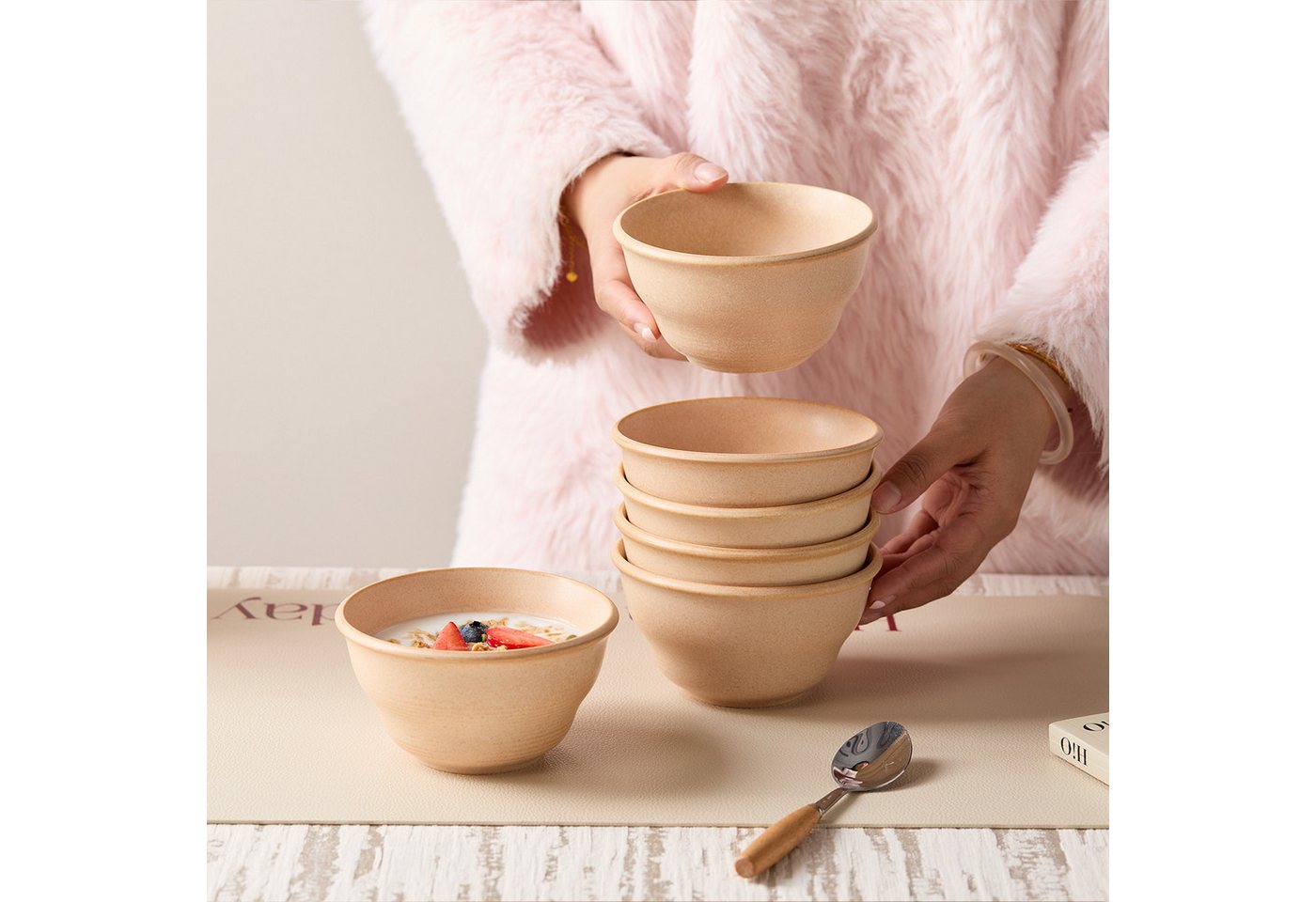 JIWOO Schüssel 6er Ø11,7cm, Müslischale Eisschale FrühstückSchale Dessertschale, Keramik, (Schaleset, 6-tlg), Bowl, Hochwertiges Schalen Orange Schale Mikrowell – Bild 3 von 5