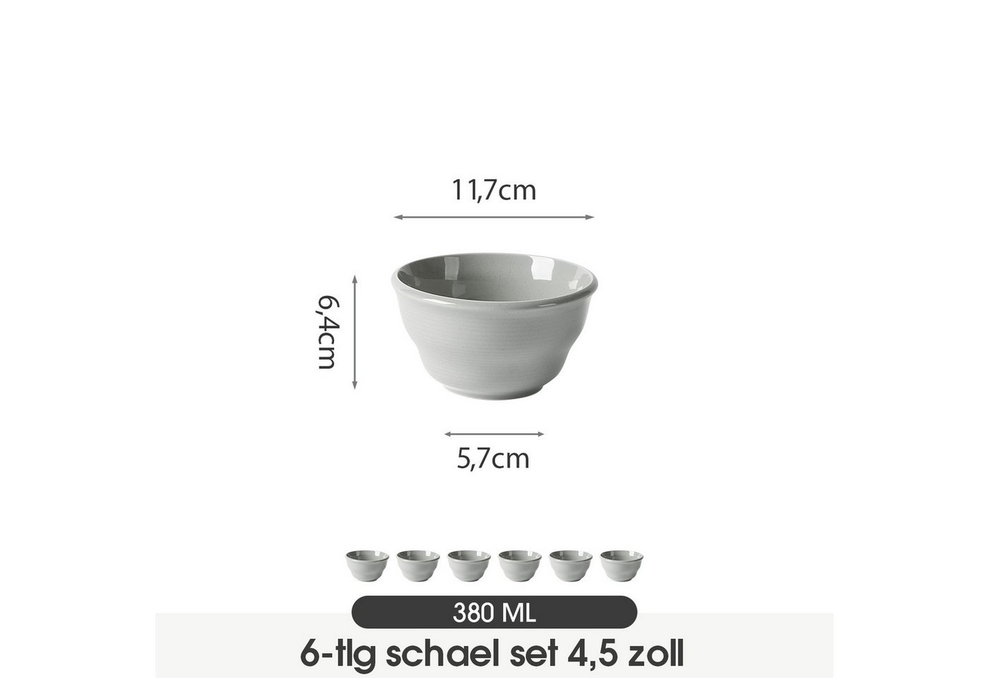 JIWOO Schüssel 6er Ø11,7cm, Müslischale Eisschale FrühstückSchale Dessertschale, Keramik, (Schaleset, 6-tlg), Bowl, Hochwertiges Schalen Grau Schale Mikrowellen – Bild 2 von 5