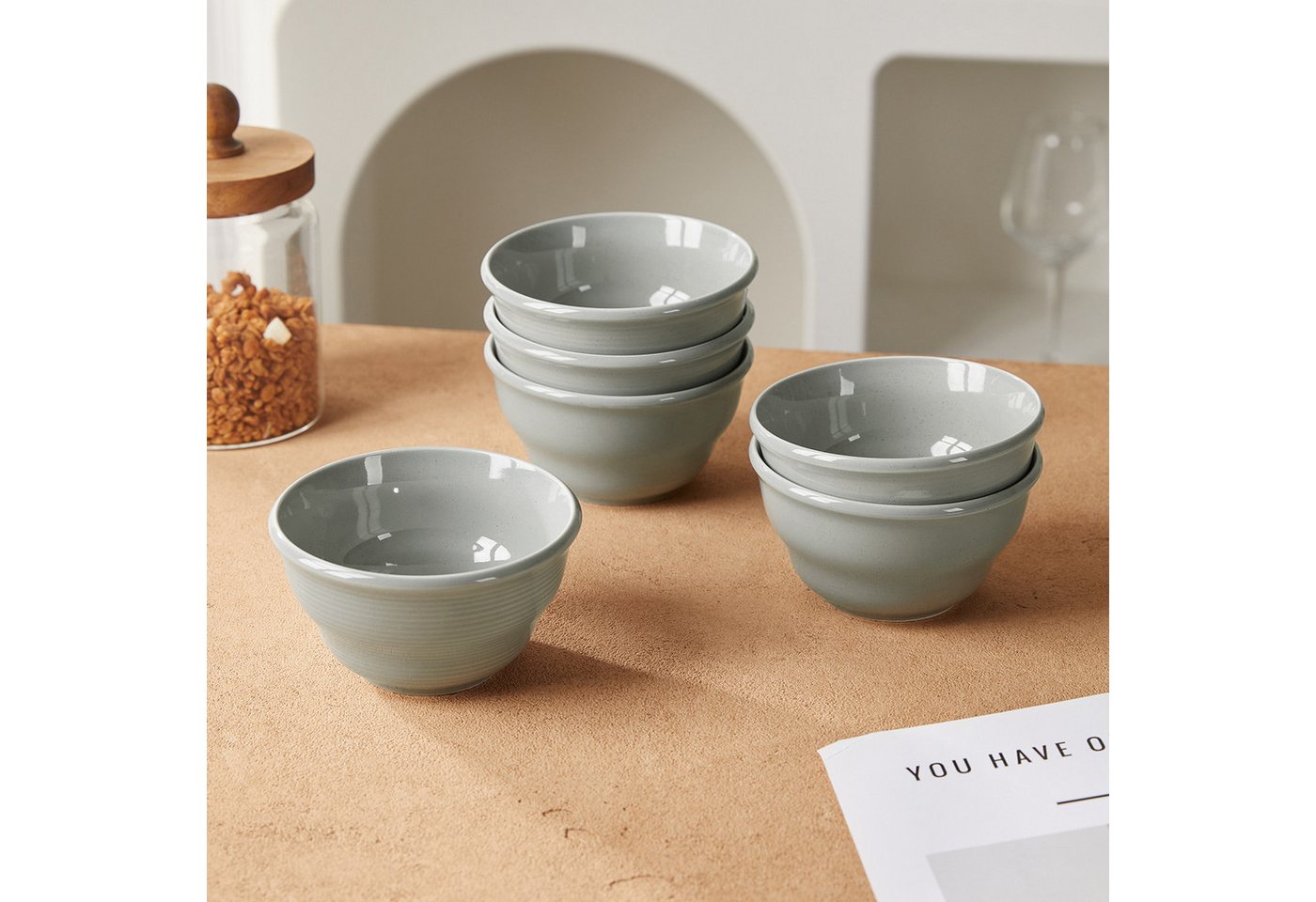 JIWOO Schüssel 6er Ø11,7cm, Müslischale Eisschale FrühstückSchale Dessertschale, Keramik, (Schaleset, 6-tlg), Bowl, Hochwertiges Schalen Grau Schale Mikrowellen – Bild 4 von 5