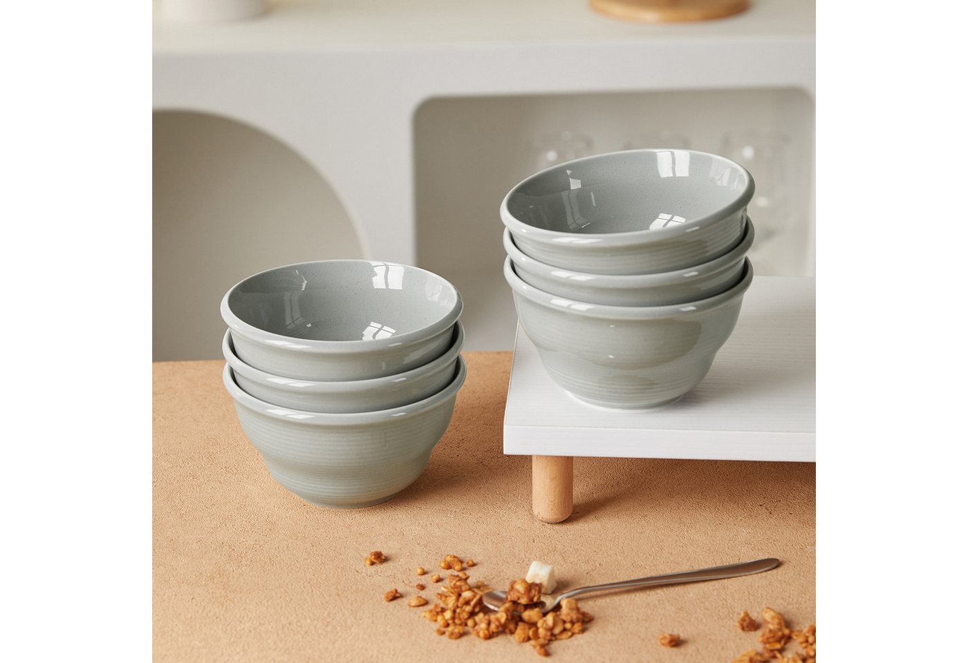 JIWOO Schüssel 6er Ø11,7cm, Müslischale Eisschale FrühstückSchale Dessertschale, Keramik, (Schaleset, 6-tlg), Bowl, Hochwertiges Schalen Grau Schale Mikrowellen – Bild 5 von 5