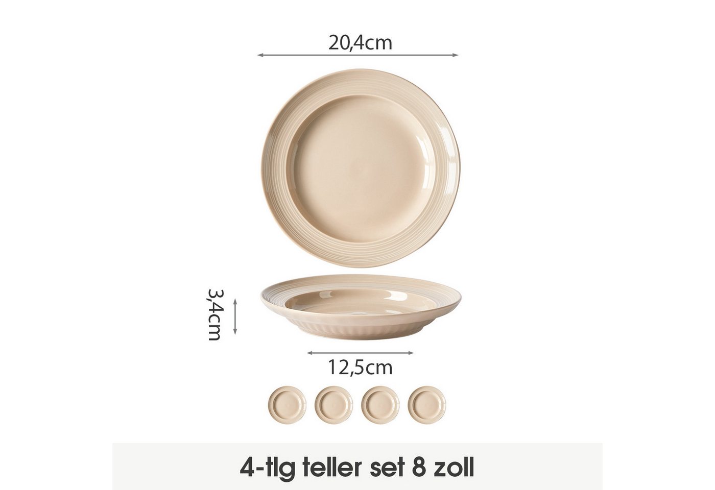 JIWOO Speiseteller 4er Ø20,4cm, Frühstücksteller Salatteller Pastateller Brotteller, (4 St), Plate Hochwertiges Tellerset Braun Mikrowellenofen Spülmaschine – Bild 2 von 5
