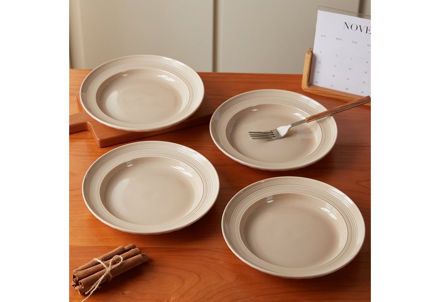 JIWOO Speiseteller 4er Ø20,4cm, Frühstücksteller Salatteller Pastateller Brotteller, (4 St), Plate Hochwertiges Tellerset Braun Mikrowellenofen Spülmaschine – Bild 3 von 5