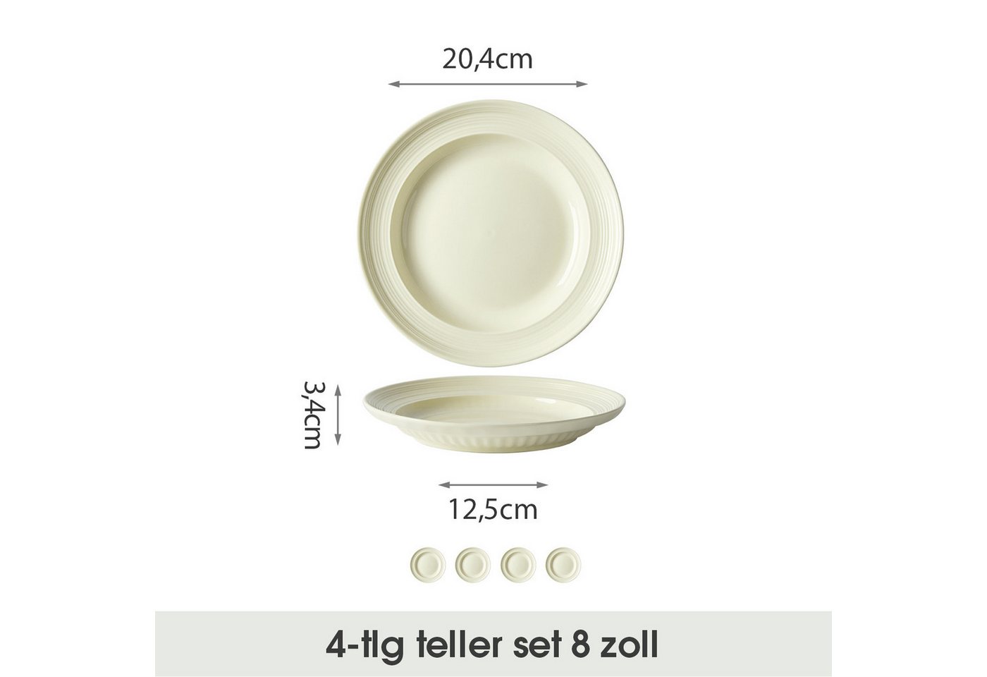 JIWOO Speiseteller 4er Ø20,4cm, Frühstücksteller Salatteller Pastateller Brotteller, (4 St), Plate Hochwertiges Tellerset Weiß Mikrowellenofen Spülmaschine – Bild 2 von 5