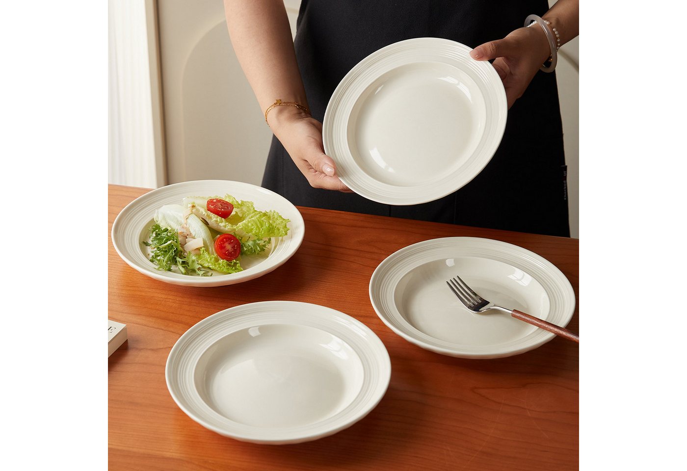 JIWOO Speiseteller 4er Ø20,4cm, Frühstücksteller Salatteller Pastateller Brotteller, (4 St), Plate Hochwertiges Tellerset Weiß Mikrowellenofen Spülmaschine – Bild 4 von 5