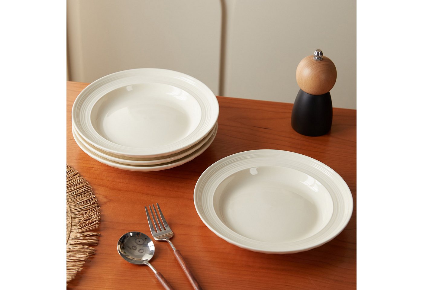JIWOO Speiseteller 4er Ø20,4cm, Frühstücksteller Salatteller Pastateller Brotteller, (4 St), Plate Hochwertiges Tellerset Weiß Mikrowellenofen Spülmaschine – Bild 5 von 5