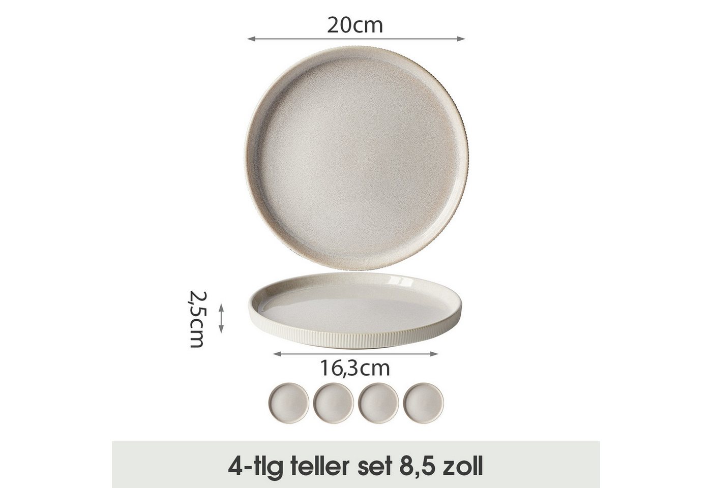 JIWOO Speiseteller 4er Ø20cm, Steakteller Pastateller Salatteller Brotteller Teller, (4 St), Plate Hochwertige Keramik Tellerset Weiß Mikrowellen spülmaschinenf – Bild 2 von 5
