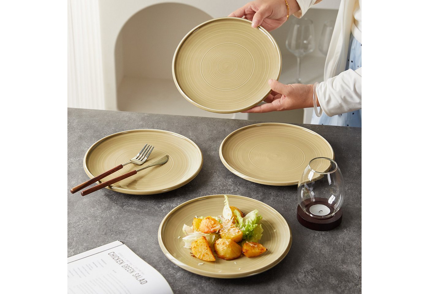 JIWOO Speiseteller 4er Ø21,8cm, Frühstücksteller Pastateller Teller Brotteller Plate, (4 St), Hochwertiges Tellerset Braun Mikrowellenofen Spülmaschine Ø 21,8cm – Bild 3 von 5