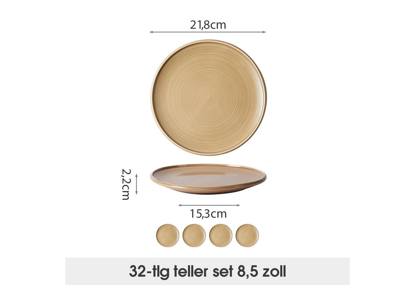 JIWOO Speiseteller 4er Ø21,8cm, Frühstücksteller Pastateller Teller Brotteller Plate, (32 St), Hochwertiges Tellerset Braun Mikrowellenofen Spülmaschine Ø 21,8c – Bild 2 von 5