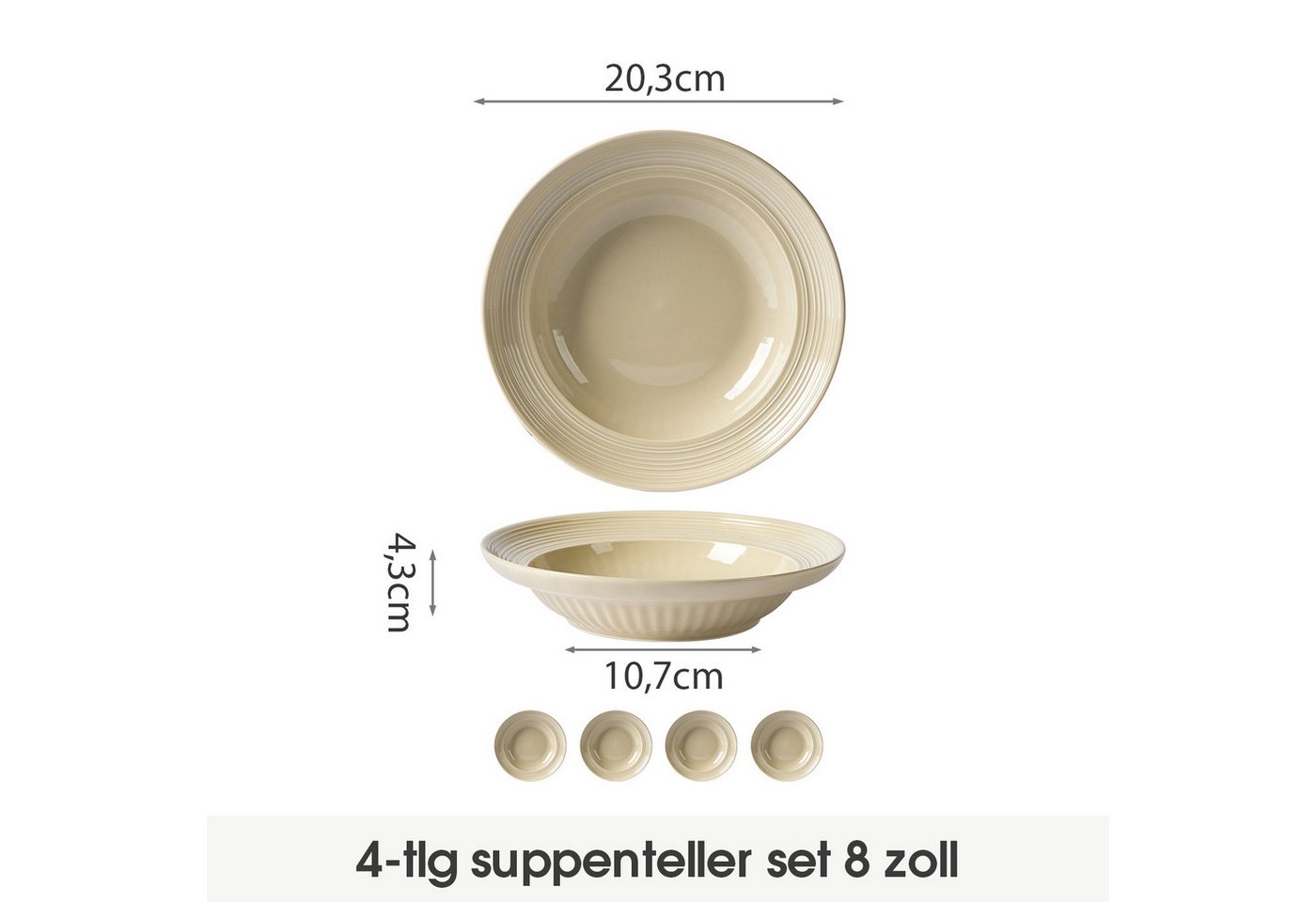 JIWOO Suppenteller 4er Ø20,3 cm, Speiseteller Pastateller Salatteller Dessertteller Plate, (4 St), Keramik Plate Hochwertige TellersetBraun mikrowellen spülmasc – Bild 2 von 5