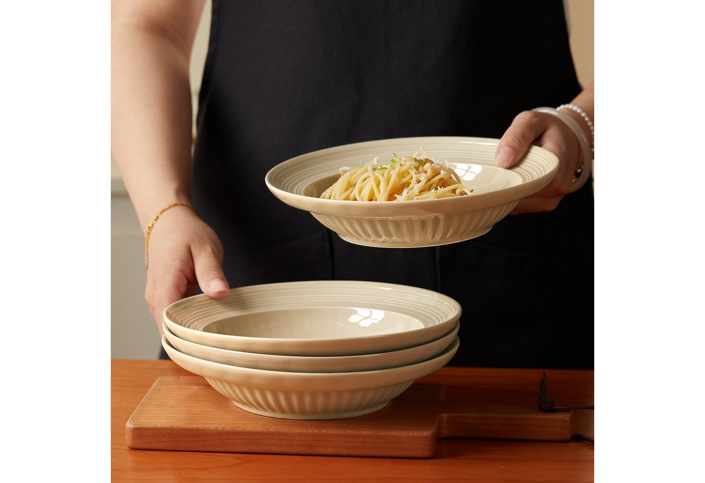 JIWOO Suppenteller 4er Ø20,3 cm, Speiseteller Pastateller Salatteller Dessertteller Plate, (4 St), Keramik Plate Hochwertige TellersetBraun mikrowellen spülmasc – Bild 4 von 5