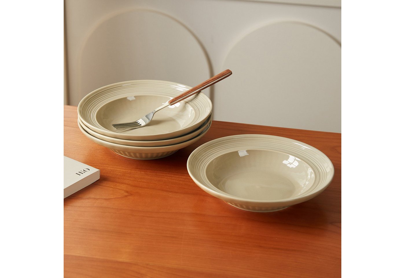 JIWOO Suppenteller 4er Ø20,3 cm, Speiseteller Pastateller Salatteller Dessertteller Plate, (4 St), Keramik Plate Hochwertige TellersetBraun mikrowellen spülmasc – Bild 5 von 5