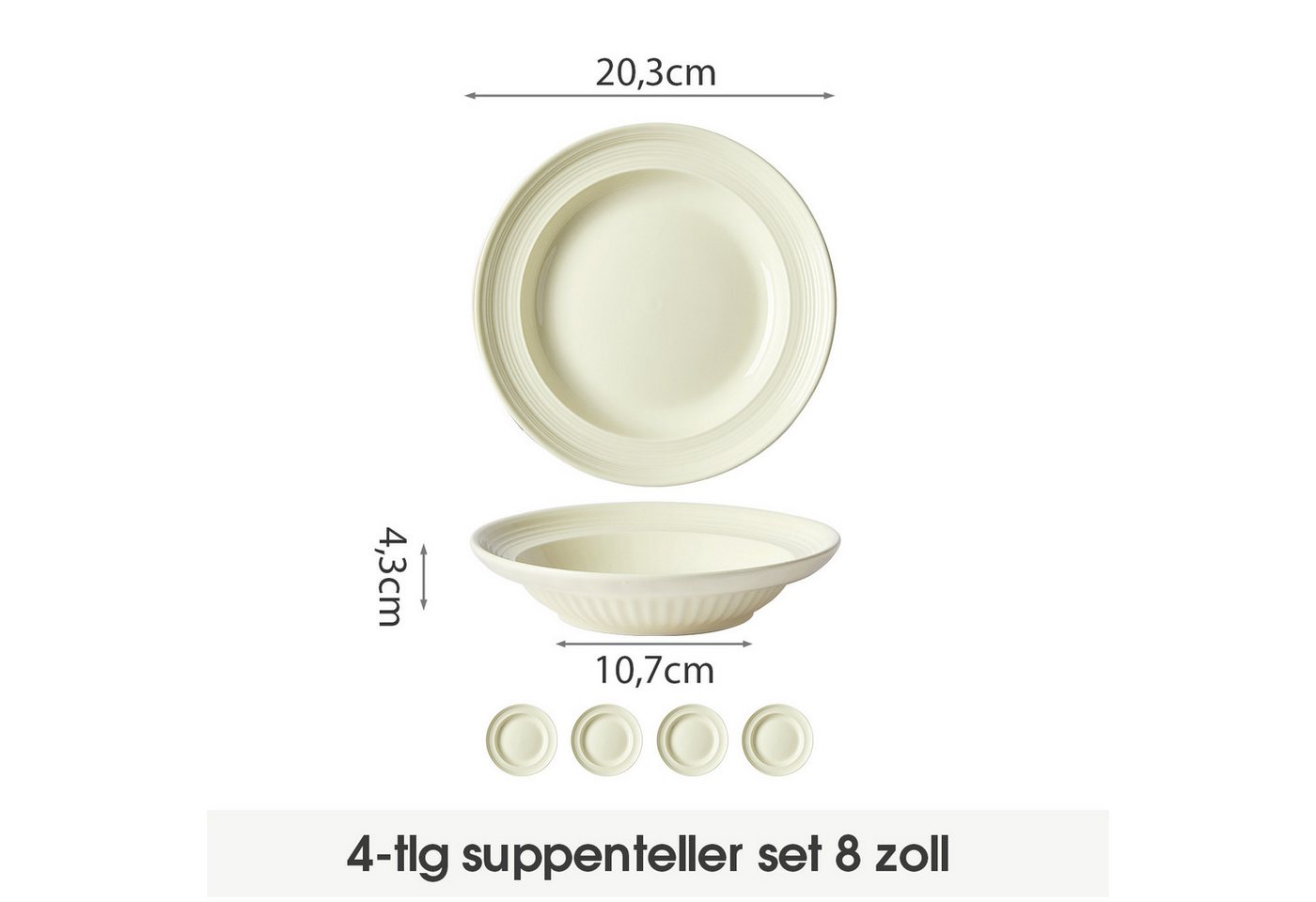 JIWOO Suppenteller 4er Ø20,3 cm, Speiseteller Pastateller Salatteller Dessertteller Plate, (4 St), Keramik Plate Hochwertige Tellerset Weiß mikrowellen spülmasc – Bild 2 von 5