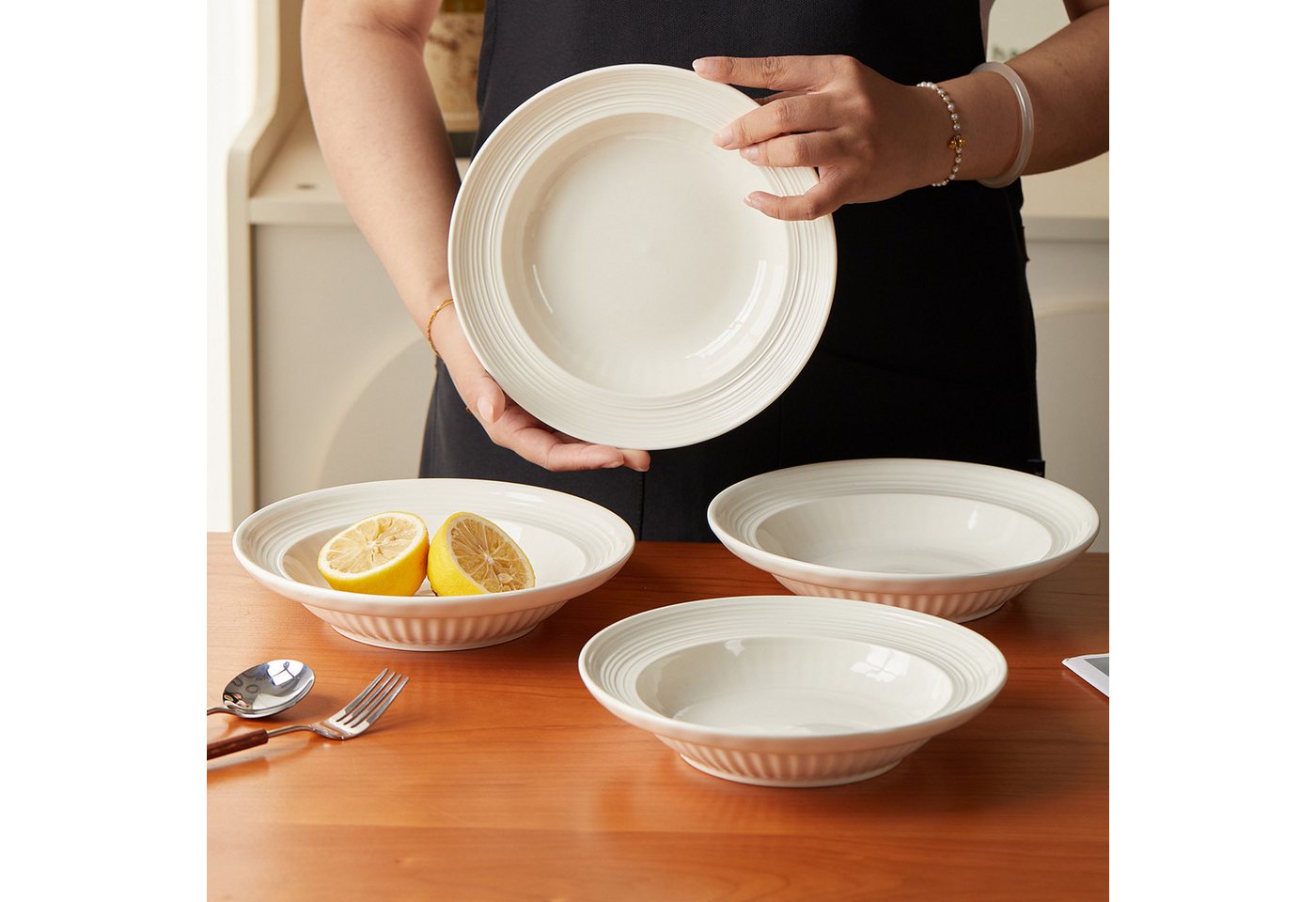 JIWOO Suppenteller 4er Ø20,3 cm, Speiseteller Pastateller Salatteller Dessertteller Plate, (24 St), Keramik Plate Hochwertige Tellerset Weiß mikrowellen spülmas – Bild 3 von 5