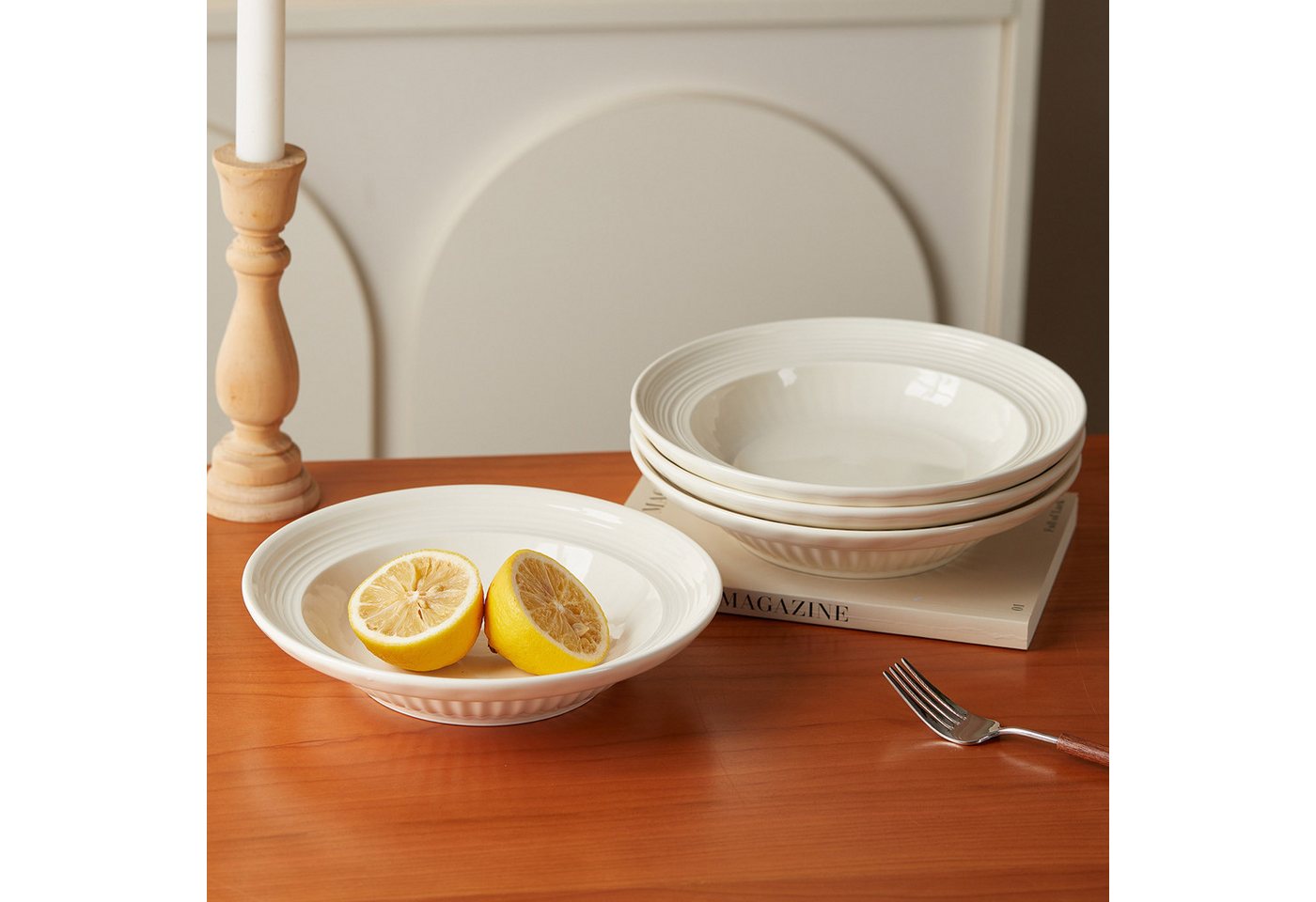JIWOO Suppenteller 4er Ø20,3 cm, Speiseteller Pastateller Salatteller Dessertteller Plate, (24 St), Keramik Plate Hochwertige Tellerset Weiß mikrowellen spülmas – Bild 4 von 5
