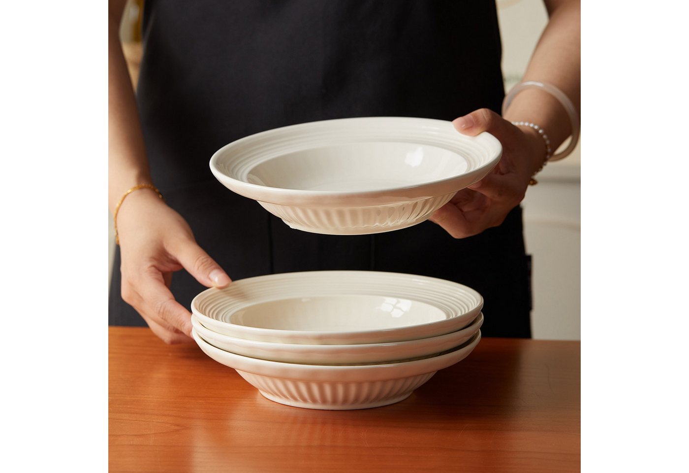 JIWOO Suppenteller 4er Ø20,3 cm, Speiseteller Pastateller Salatteller Dessertteller Plate, (24 St), Keramik Plate Hochwertige Tellerset Weiß mikrowellen spülmas – Bild 5 von 5