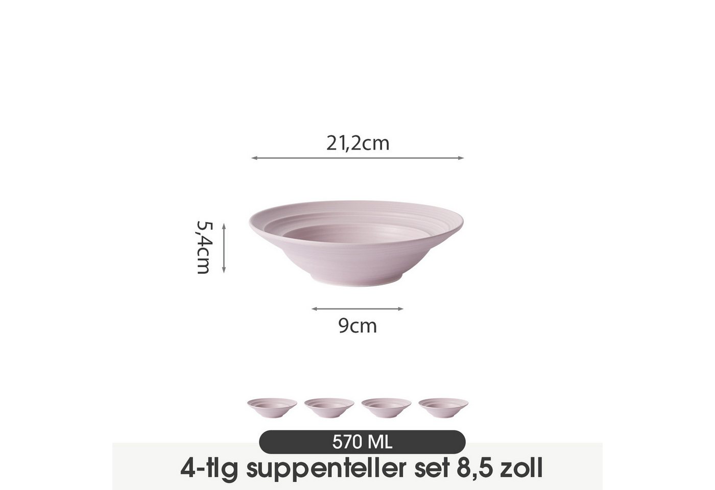 JIWOO Suppenteller 4er Ø21,2 cm, Speiseteller Pastateller Salatteller Dessertteller Plate, (4 St), Keramik Tellerset Lila mikrowellen- und spülmaschinenfest Ø21 – Bild 2 von 5