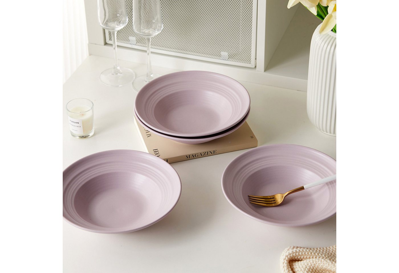 JIWOO Suppenteller 4er Ø21,2 cm, Speiseteller Pastateller Salatteller Dessertteller Plate, (4 St), Keramik Tellerset Lila mikrowellen- und spülmaschinenfest Ø21 – Bild 5 von 5