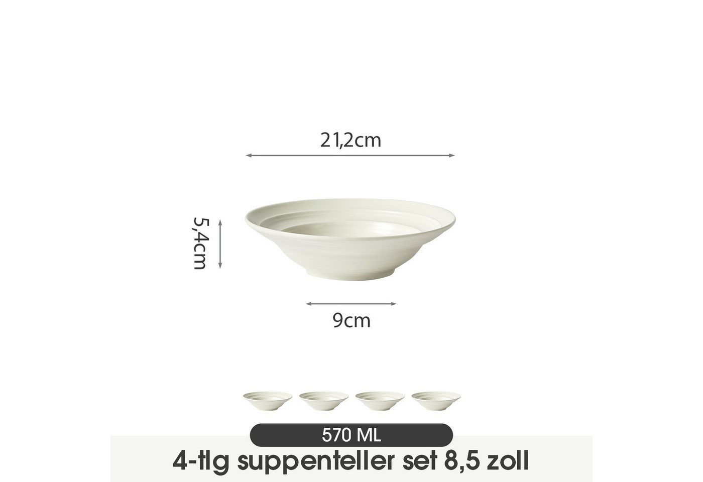 JIWOO Suppenteller 4er Ø21,2 cm, Speiseteller Pastateller Salatteller Dessertteller Plate, (4 St), Keramik Tellerset Weiß mikrowellen- und spülmaschinenfest Ø21 – Bild 2 von 5