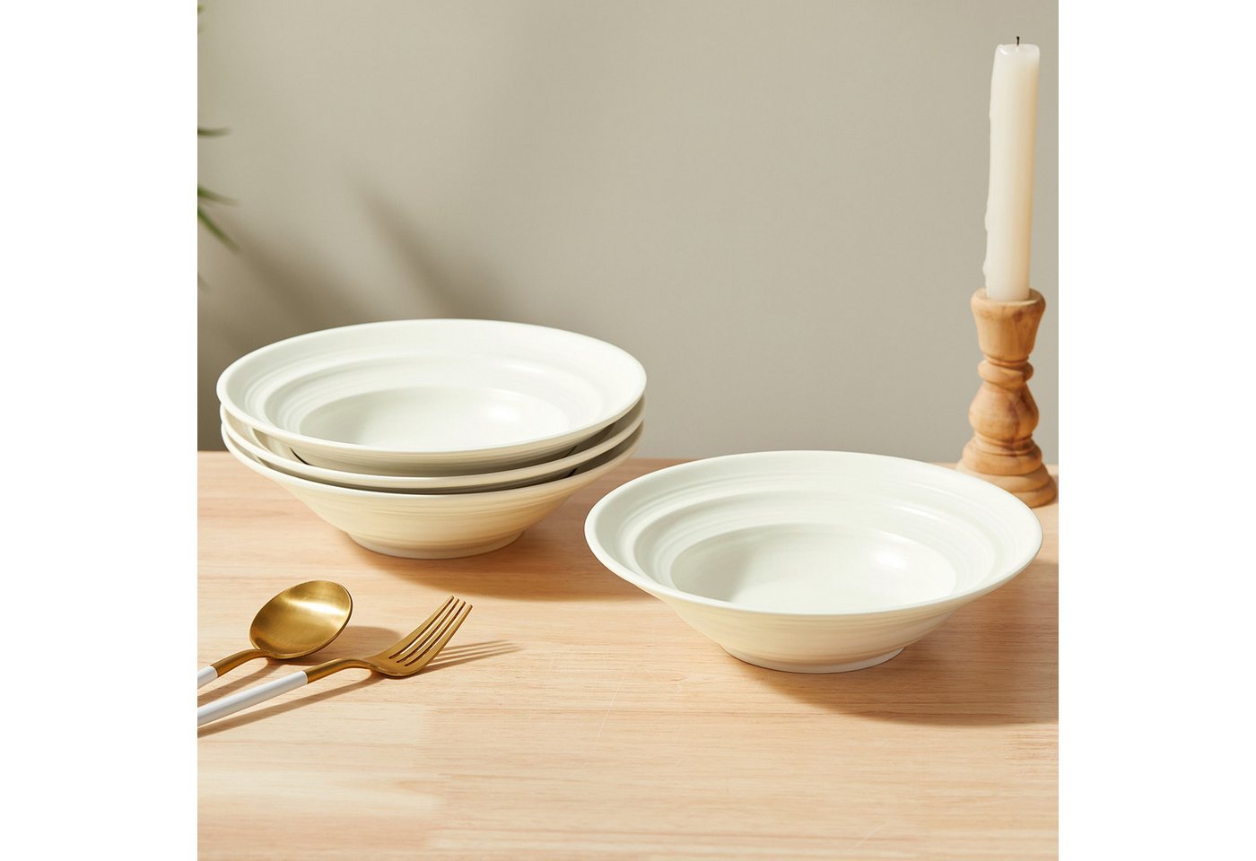 JIWOO Suppenteller 4er Ø21,2 cm, Speiseteller Pastateller Salatteller Dessertteller Plate, (4 St), Keramik Tellerset Weiß mikrowellen- und spülmaschinenfest Ø21 – Bild 4 von 5