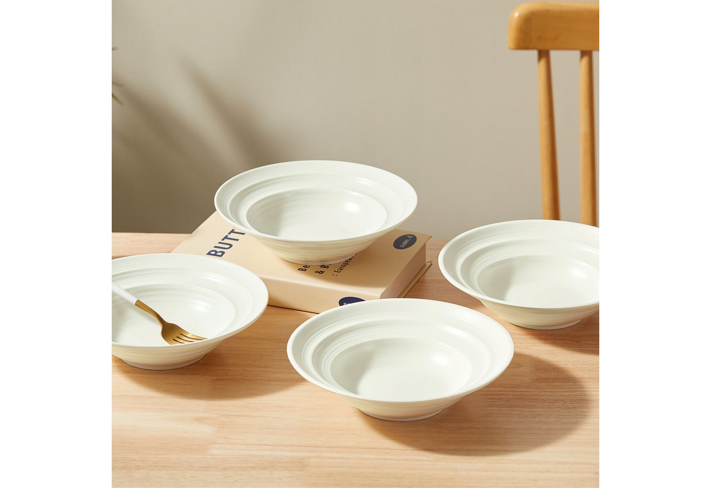 JIWOO Suppenteller 4er Ø21,2 cm, Speiseteller Pastateller Salatteller Dessertteller Plate, (4 St), Keramik Tellerset Weiß mikrowellen- und spülmaschinenfest Ø21 – Bild 5 von 5